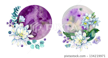 Elegant watercolor floral compositions with white lotus flowers, eucalyptus leaves, berries and soft purple moons. Perfect for branding, invitations, packaging, prints and creative design projects. 134219971