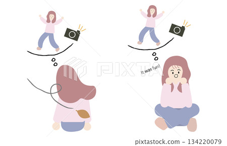 One woman looks back sadly on her memories, while the other looks back happily. 134220079