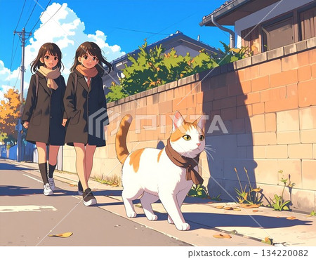 一隻貓和一個高中女生正在上學的路上 一隻貓和一個高中女生正在上學的路上 134220082