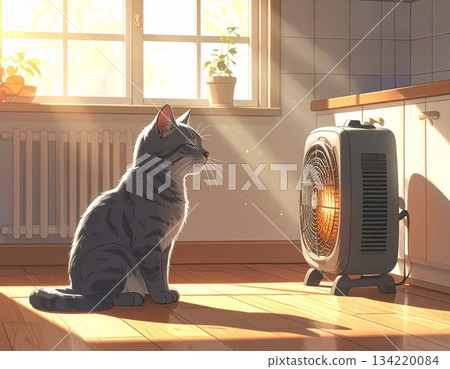 A cat warming itself by the heater on a winter morning 134220084