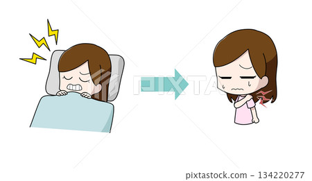 Illustration of a woman with stiff shoulders due to teeth grinding Illustration of a woman with stiff shoulders due to teeth grinding 134220277