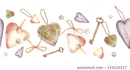 Vintage hearts, bows, antique key, buttons seamless border. Declaration of love. Beige, lilac coloured birthday gifts, valentines day sweet love design. Hand drawn Illustration on isolated background 134220317