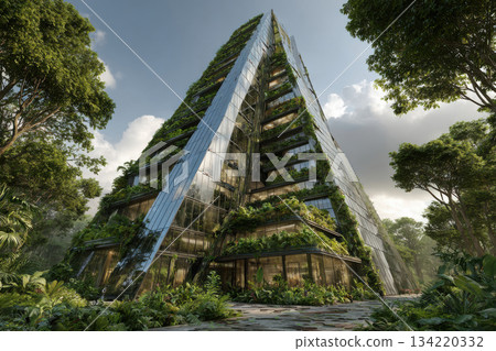 a glass skyscraper rises in the middle of green, untouched nature. ESG concept 134220332