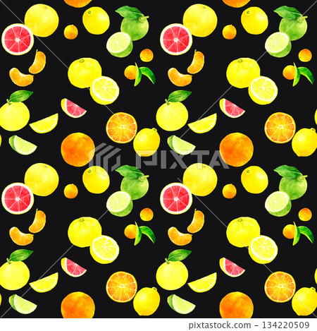 Fresh citrus fruits seamless pattern. Hand-drawn watercolor illustration of fruit pattern. Fresh citrus fruits seamless pattern. Hand-drawn watercolor illustration of fruit pattern. 134220509