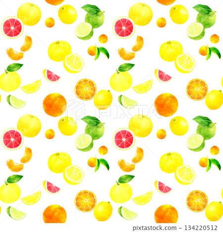 新鮮柑橘類水果無縫圖案。手繪水彩水果圖案插圖。 134220512