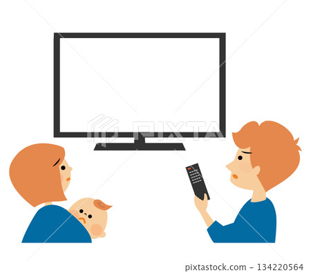 Family surprised by watching TV screen Illustration 134220564
