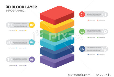 3d block layers business infographic template with 6 steps template. 3d block layers business infographic template with 6 steps template. 134220619