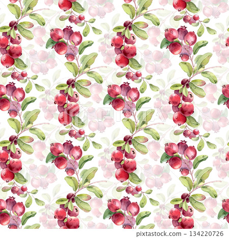 Lingonberry watercolor seamless pattern isolated on white. Hand drawn cranberry with green branches design for scrapbooking. Botanical ripe fruits background for textile, print, food, health concept. Lingonberry watercolor seamless pattern isolated on white. Hand drawn cranberry with green branches design for scrapbooking. Botanical ripe fruits background for textile, print, food, health concept. 134220726