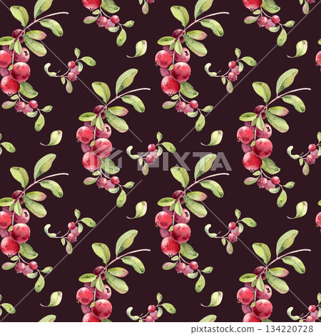 Watercolor cranberry plant seamless pattern on a dark background. Red berries with dewdrops foliage hand painted. Botanical repeat design for textile, wallpaper, and decorative print. 134220728