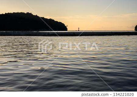 Silhouette of the harbor and the water surface at dusk 134221020