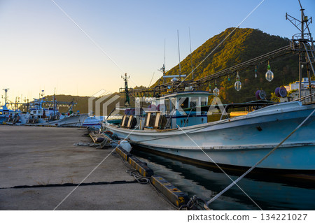 Fishing boats moored at the fishing port and mountains 134221027