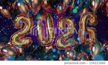Golden 2025 Balloons Celebration With Confetti, Colorful Background, Festive New Year Atmosphere 134221060