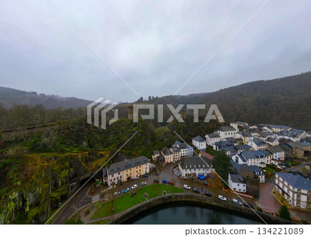 Esch-Sur-Sure, Wiltz, Grand Duche De Luxembourg, December 7, 2025, Wet Waterfront Village With Calm Esch-Sur-Sure, Wiltz, Grand Duche De Luxembourg, December 7, 2025, Wet Waterfront Village With Calm 134221089