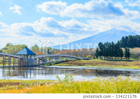 青森縣北輕郡鶴之舞橋與磐山的秋景 134221176