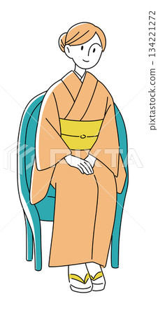 Illustration of a woman in a kimono sitting on a chair / Japanese clothing, Japanese culture, people material 134221272