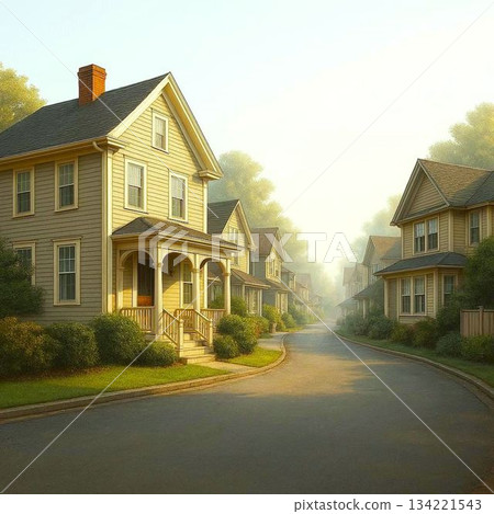 一條綠樹成蔭的街道,兩旁是西式房屋。 一條綠樹成蔭的街道,兩旁是西式房屋。 134221543