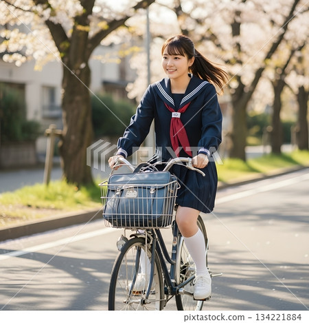 春天。 JK穿著水手服騎著腳踏車。 134221884