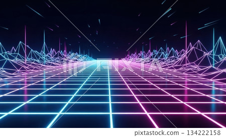 retro, neon, 80s, grid, futuristic, synthwave, digital, glowing, landscape, sci-fi, purple, blue, horizon, vaporwave, cyber, abstract, lines, perspective, tech, vibrant, electric, high contrast, brigh 134222158