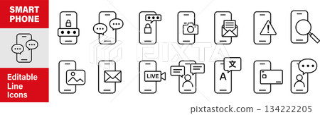 智慧型手機。可編輯的線條繪製圖像插圖圖示 3，代表智慧型手機和應用程式 134222205