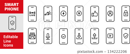 智慧型手機。可編輯的線條繪製圖像插圖圖示 1，代表智慧型手機和應用程式 134222206