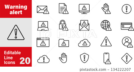 可編輯的線條圖圖標，例如警告、警報、注意、危險 134222207