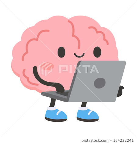 Cartoon Brain Using a Laptop Illustration 134222241