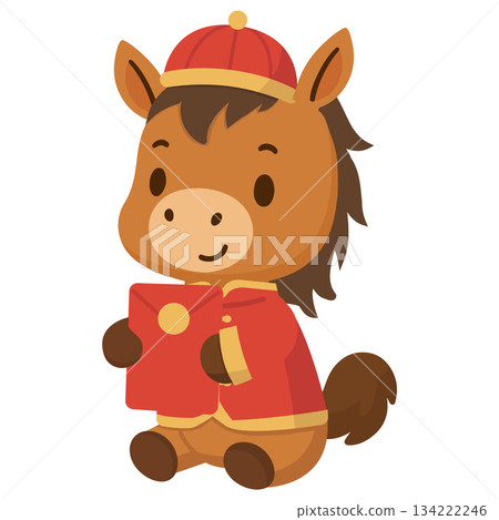 Cartoon Horse Holding Red Envelope for Lunar New Year Cartoon Horse Holding Red Envelope for Lunar New Year 134222246