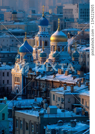 orthodox new year city silhouette snowy rooftops blue gold palette 134222605