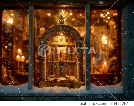 orthodox christmas cozy illuminated window warm light snow outside 134222643
