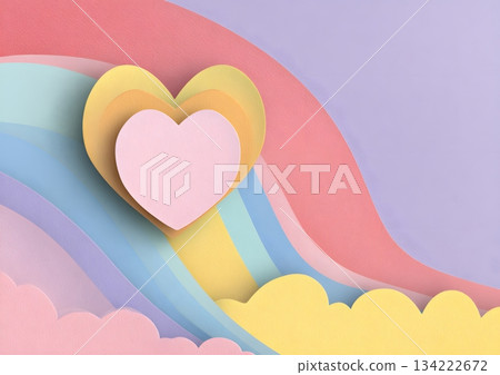 Paper-cut pastel heart hill design with curved layers and text area 134222672