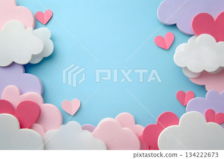 Gentle pastel paper-cut clouds and hearts forming composition with message zone 134222673