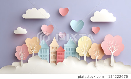 Soft minimalist paper-cut Valentine scenery with floating pastel hearts and blank area 134222676