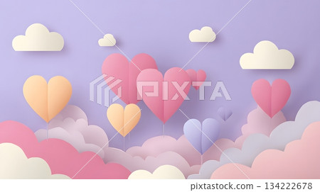 Soft minimalist paper-cut Valentine scenery with floating pastel hearts and blank area 134222678