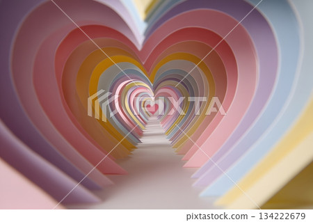 Candy pastel paper-cut hearts forming romantic tunnel and message space 134222679