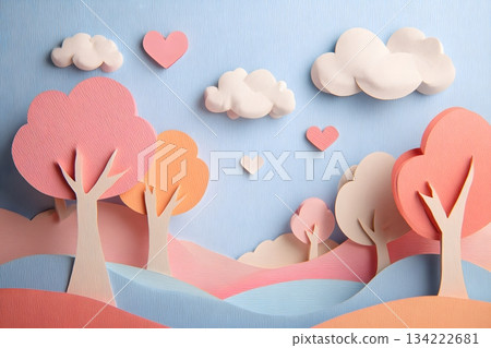 Cute pastel paper-cut valley with heart trees and blank sky 134222681