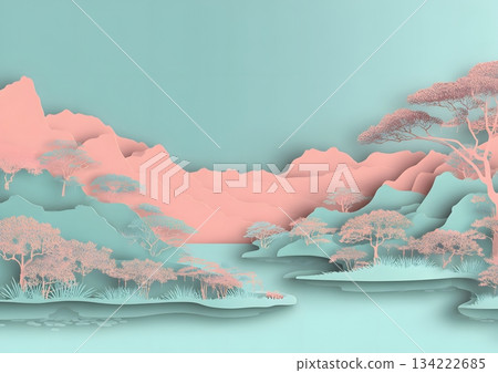 Pastel teal-pink paper-cut layered scenery with large blank area 134222685