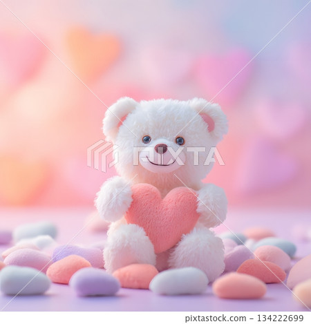 3d cute teddy bear holding heart pastel sweet tone valentine background 134222699