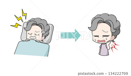 Illustration of an elderly woman whose jaw hurts due to teeth grinding Illustration of an elderly woman whose jaw hurts due to teeth grinding 134222709