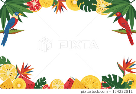 A vibrant summer frame of tropical birds, fruits and monstera 134222811