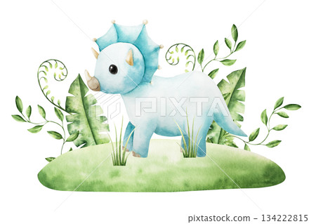 Cute dinosaur in tropical leaves. Watercolor hand drawn prehistoric triceratops animal. Isolated illustration on transparent background. Perfect for for nursery and baby shower, tropical design Cute dinosaur in tropical leaves. Watercolor hand drawn prehistoric triceratops animal. Isolated illustration on transparent background. Perfect for for nursery and baby shower, tropical design 134222815