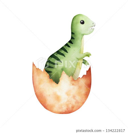 Cute dinosaur hatched from an egg. Watercolor hand drawn prehistoric Tyrannosaurus Rex animal. Isolated illustration on transparent background. Perfect for for nursery and baby shower, tropical design 134222817