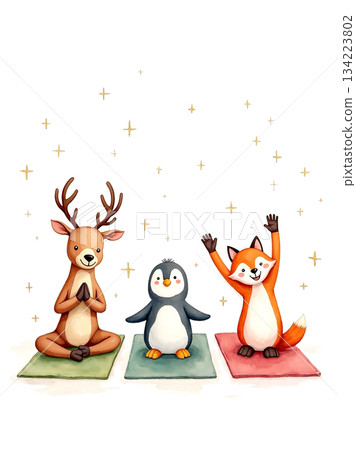 Cute Watercolor Animals Yoga Class featuring Reindeer Penguin and Fox on Exercise Mats with Golden Stars. Cute Watercolor Animals Yoga Class featuring Reindeer Penguin and Fox on Exercise Mats with Golden Stars. 134223802