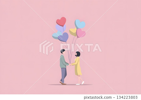 pastel flat illustration couple heart balloon silhouettes simple abstract 134223803