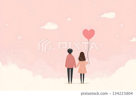 pastel flat illustration couple heart balloon silhouettes simple abstract 134223804
