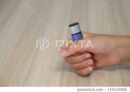 Hand holding USB memory stick and copy space 134223988