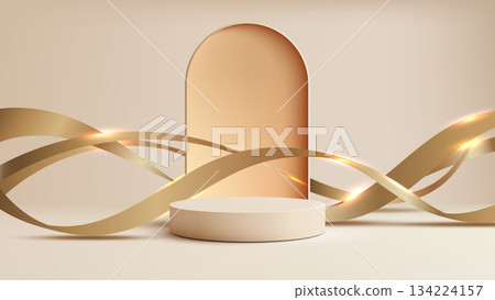 Minimal Cream Podium Showcase Elegant Geometric Arch and Glowing Gold Ribbons on a Neutral Studio Platform Minimal Cream Podium Showcase Elegant Geometric Arch and Glowing Gold Ribbons on a Neutral Studio Platform 134224157