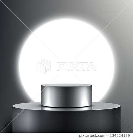 Modern Silver Product Podium Display Mockup with Bright Circular Spotlight on Dark Background 134224159