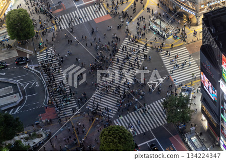 japanese cross the road on Shibuya street. Shibuya crossing is one of the famous business area in Tokyo. 134224347