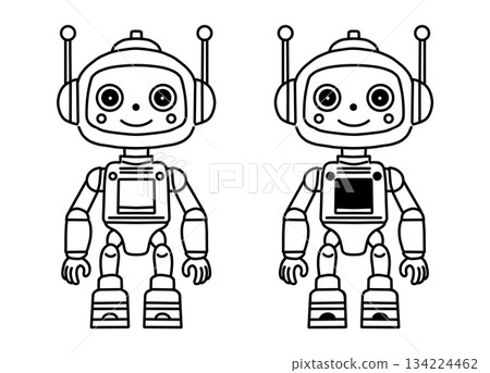 可愛的機器人黑白向量插圖（線稿和著色） 134224462