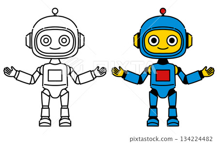 Cute bipedal robot line drawing and color illustration set 134224482